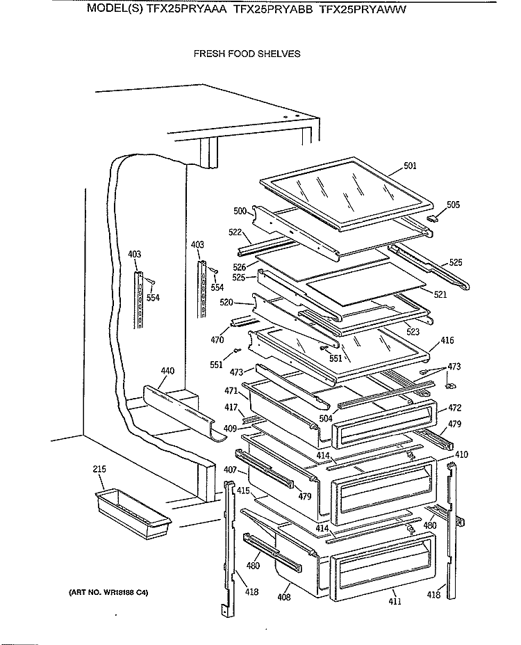 FRESH FOOD SHELVES Diagram and Parts List for TFX25PRYABB  General Electric Refrigerator
