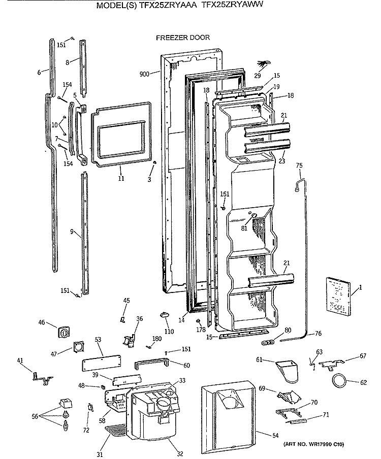 FREEZER DOOR Diagram and Parts List for TFX25ZRYAWW  General Electric Refrigerator