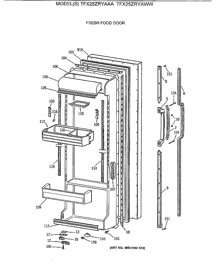 FRESH FOOD DOOR Diagram and Parts List for TFX25ZRYAWW  General Electric Refrigerator