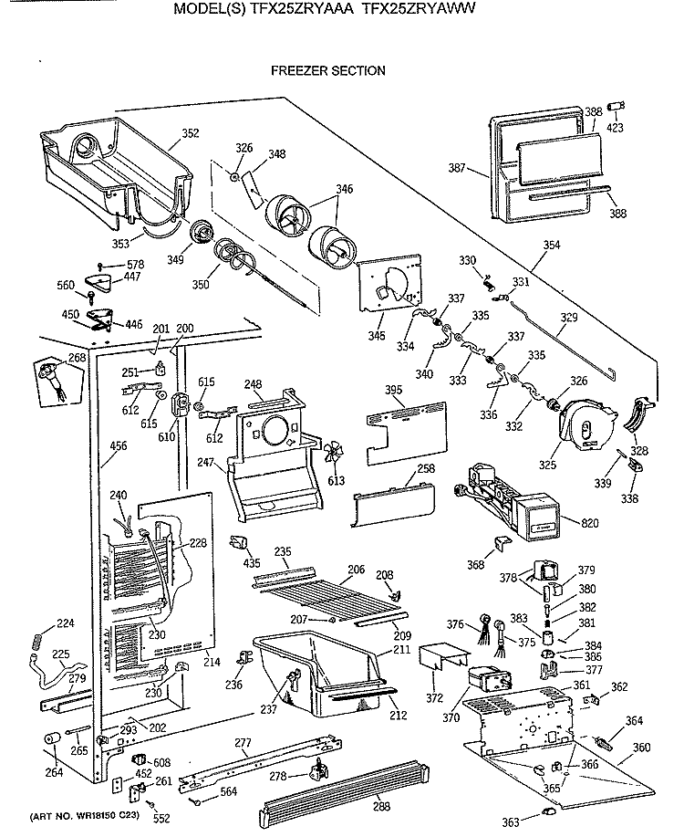 FREEZER SECTION Diagram and Parts List for TFX25ZRYAWW  General Electric Refrigerator