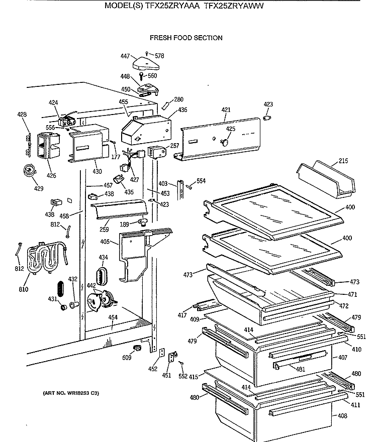 FRESH FOOD SECTION Diagram and Parts List for TFX25ZRYAWW  General Electric Refrigerator