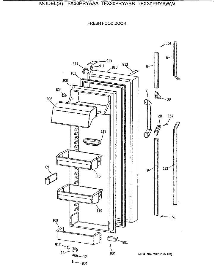 FRESH FOOD DOOR Diagram and Parts List for TFX30PRYABB  General Electric Refrigerator