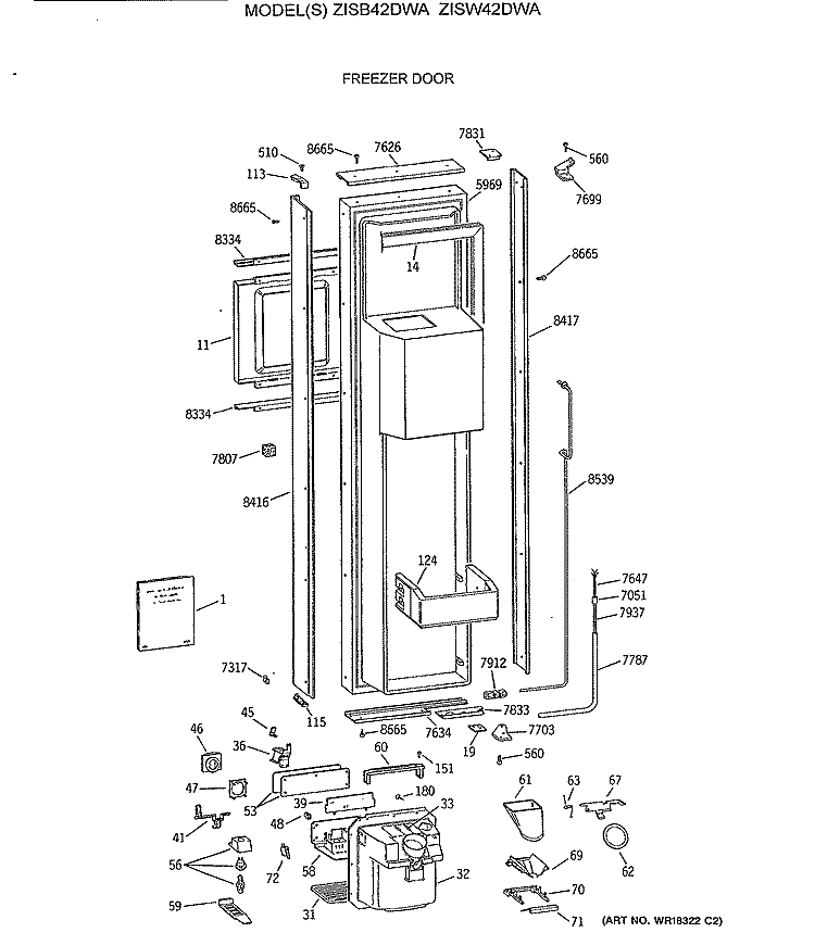 FREEZER DOOR Diagram and Parts List for ZISW42DWA  General Electric Refrigerator