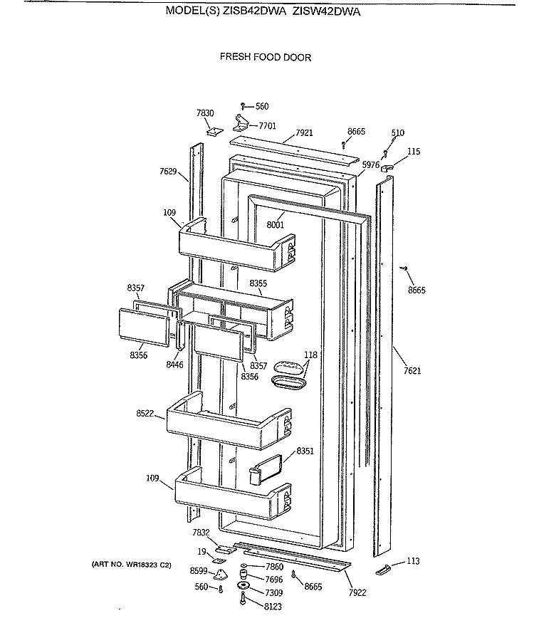 FRESH FOOD DOOR Diagram and Parts List for ZISW42DWA  General Electric Refrigerator
