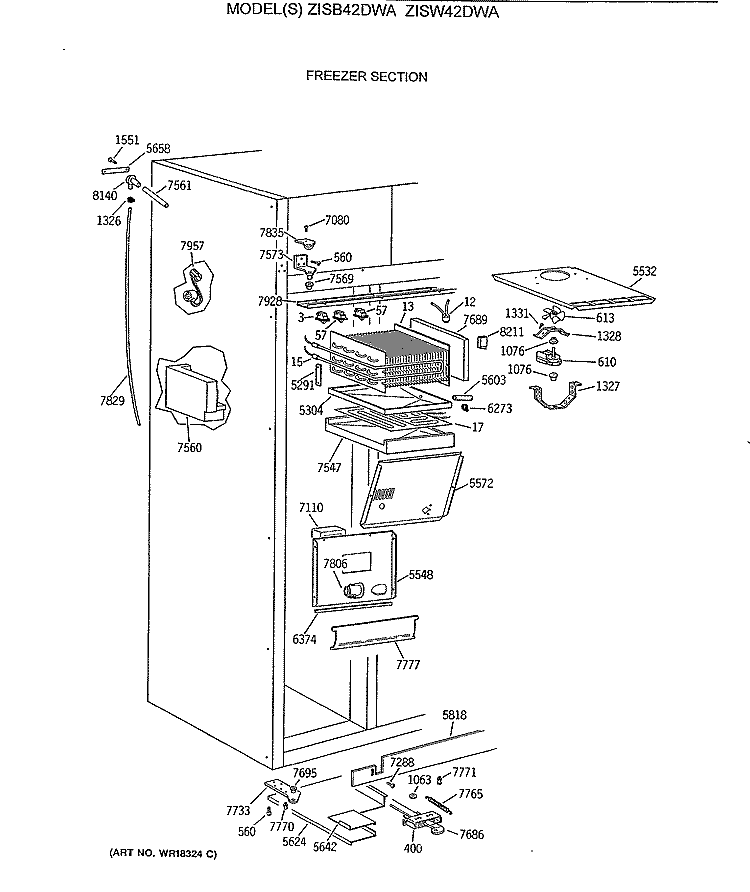 FREEZER SECTION Diagram and Parts List for ZISW42DWA  General Electric Refrigerator