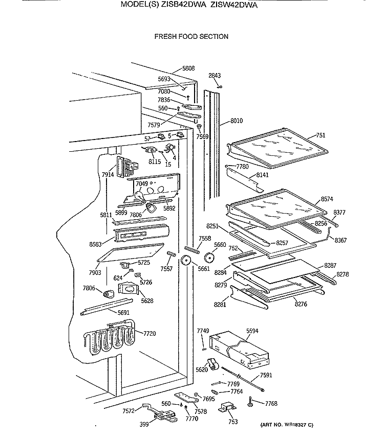 FRESH FOOD SECTION Diagram and Parts List for ZISW42DWA  General Electric Refrigerator