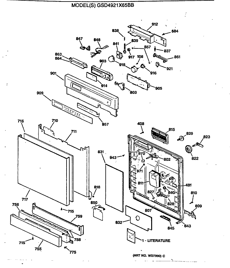 Section Diagram and Parts List for GSD4921X65BB  General Electric Dishwasher