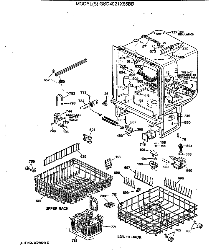 Section Diagram and Parts List for GSD4921X65BB  General Electric Dishwasher