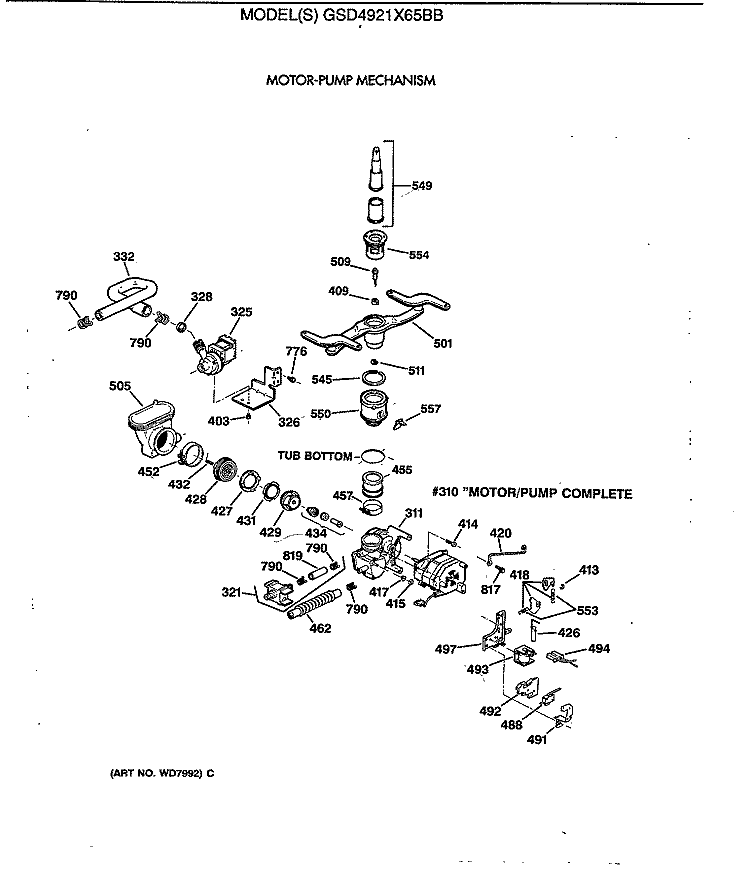 MOTOR - PUMP MECHANISM Diagram and Parts List for GSD4921X65BB  General Electric Dishwasher