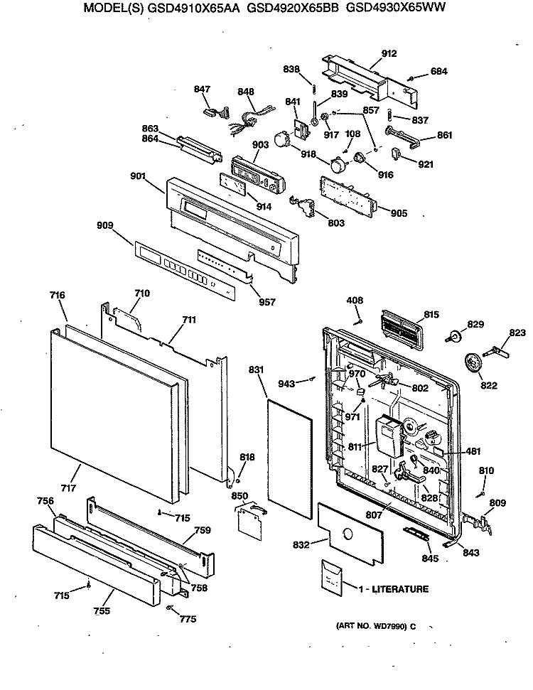 Section Diagram and Parts List for GSD4910X65AA  General Electric Dishwasher