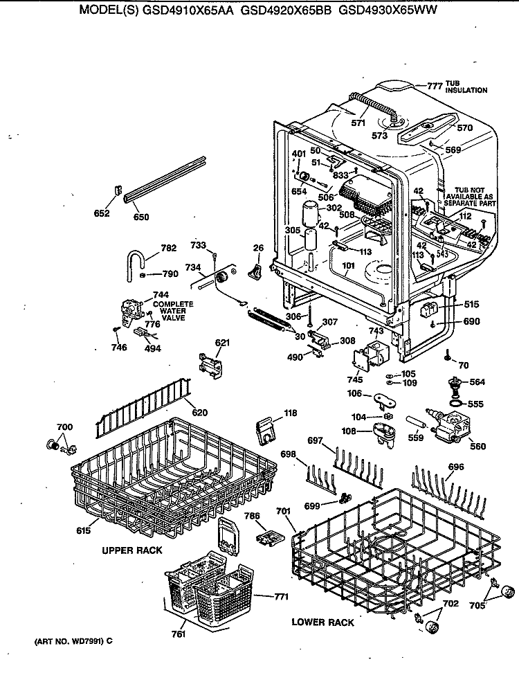 Section Diagram and Parts List for GSD4910X65AA  General Electric Dishwasher