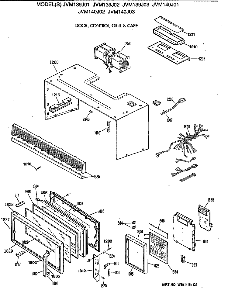 DOOR, CONTROL, GRILL & CASE Diagram and Parts List for JVM140J02  General Electric Microwave