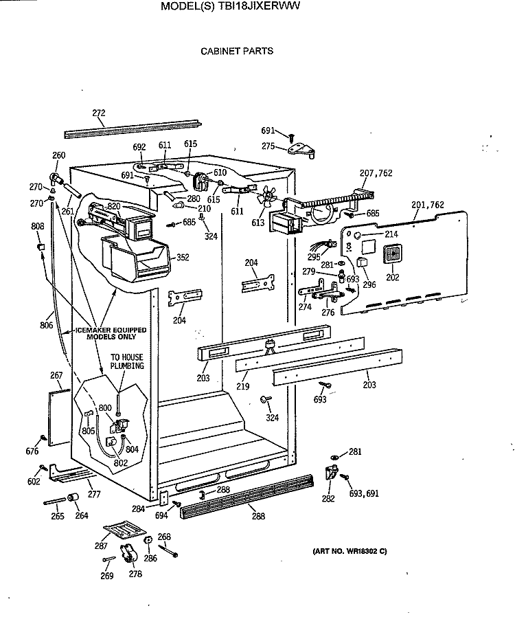 CABINET PARTS Diagram and Parts List for TBI18JIXERWW  General Electric Refrigerator