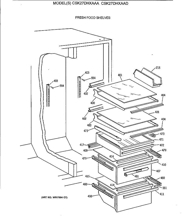 FRESH FOOD SHELVES Diagram and Parts List for CSK27DHXAAA  Hotpoint Refrigerator