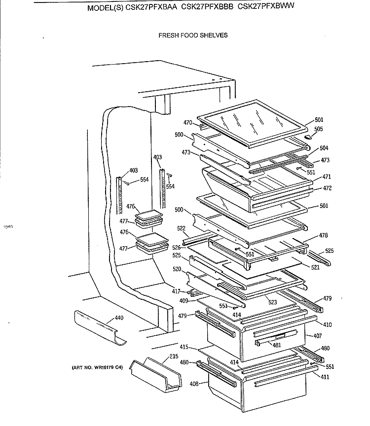 FRESH FOOD SHELVES Diagram and Parts List for CSK27PFXBWW  Hotpoint Refrigerator