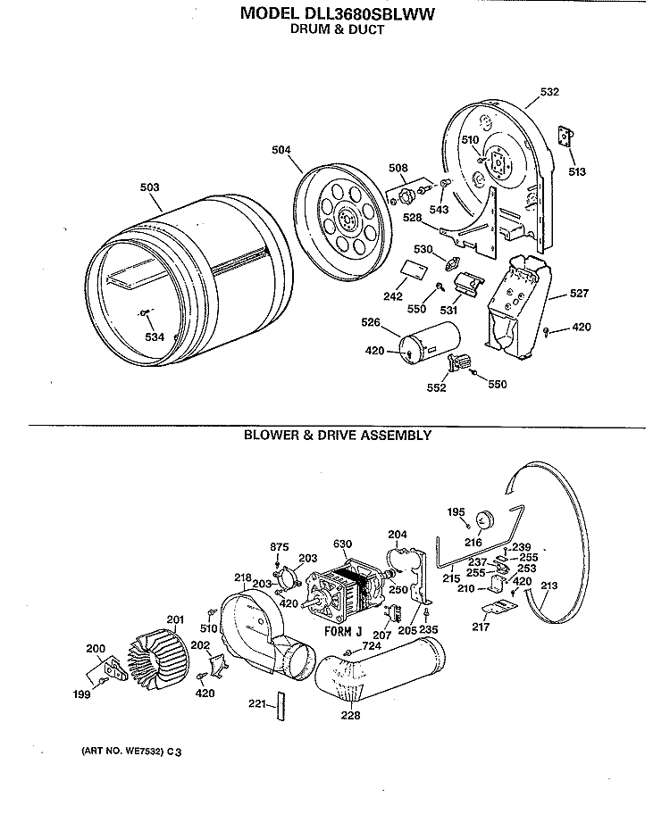 BLOWER & DRIVE ASSEMBLY Diagram and Parts List for DLL3680SBLWW  Hotpoint Dryer