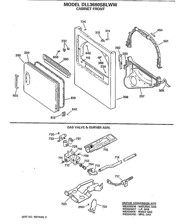 CABINET FRONT Diagram and Parts List for DLL3680SBLWW  Hotpoint Dryer