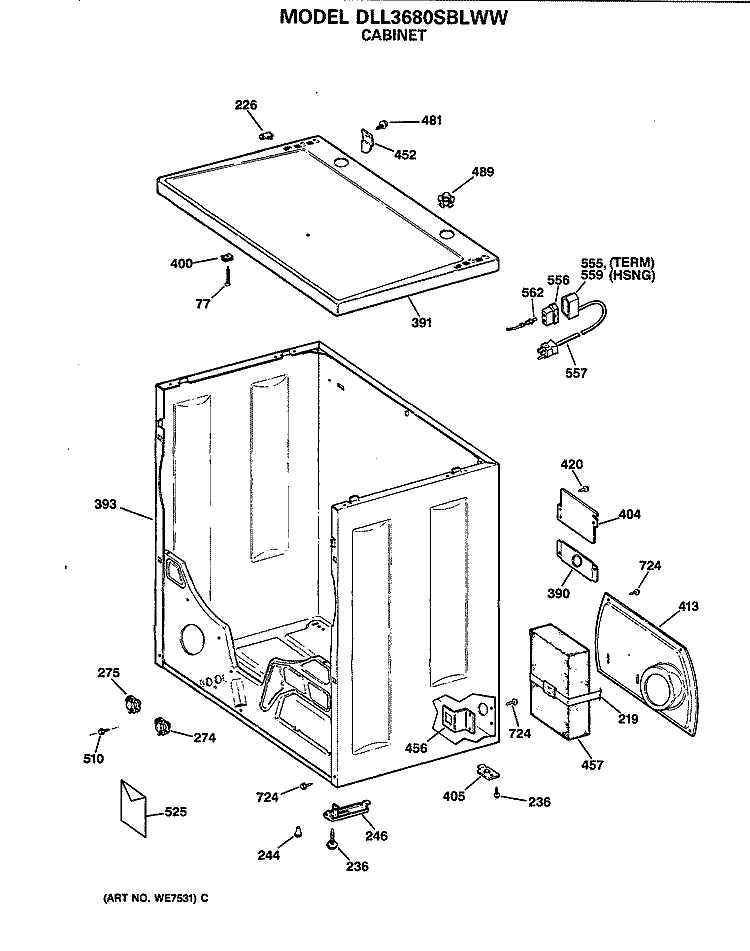CABINET Diagram and Parts List for DLL3680SBLWW  Hotpoint Dryer