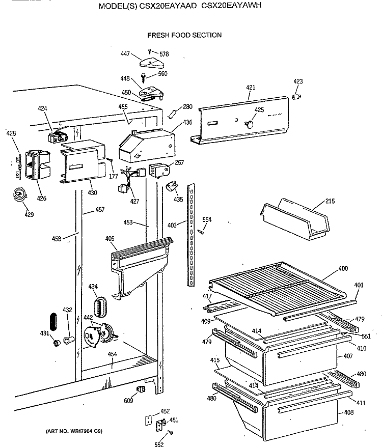 FRESH FOOD SECTION Diagram and Parts List for CSX20EAYAWH  Hotpoint Refrigerator