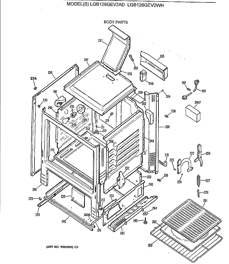BODY PARTS Diagram and Parts List for LGB126GEV2AD  General Electric Range