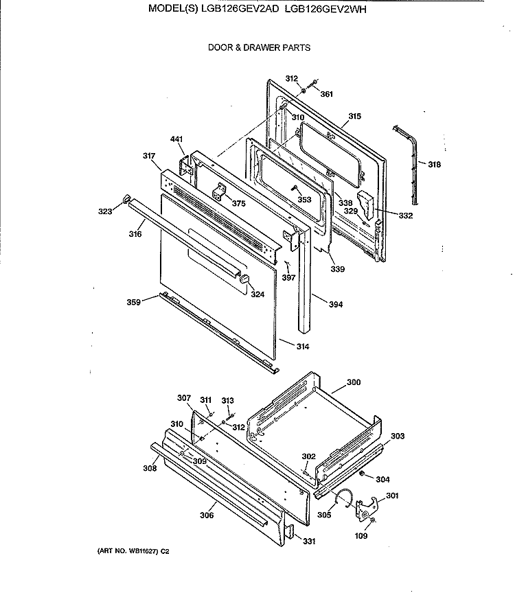 DOOR & DRAWER PARTS Diagram and Parts List for LGB126GEV2AD  General Electric Range