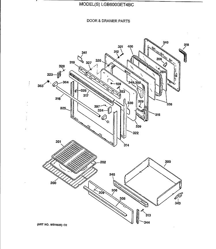 DOOR & DRAWER PARTS Diagram and Parts List for LGB600GET4BC  General Electric Range