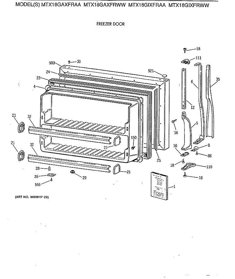 FREEZER DOOR Diagram and Parts List for MTX18GAXFRWW  General Electric Refrigerator