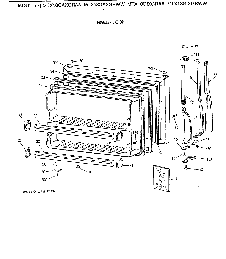 FREEZER DOOR Diagram and Parts List for MTX18GAXGRAA  General Electric Refrigerator