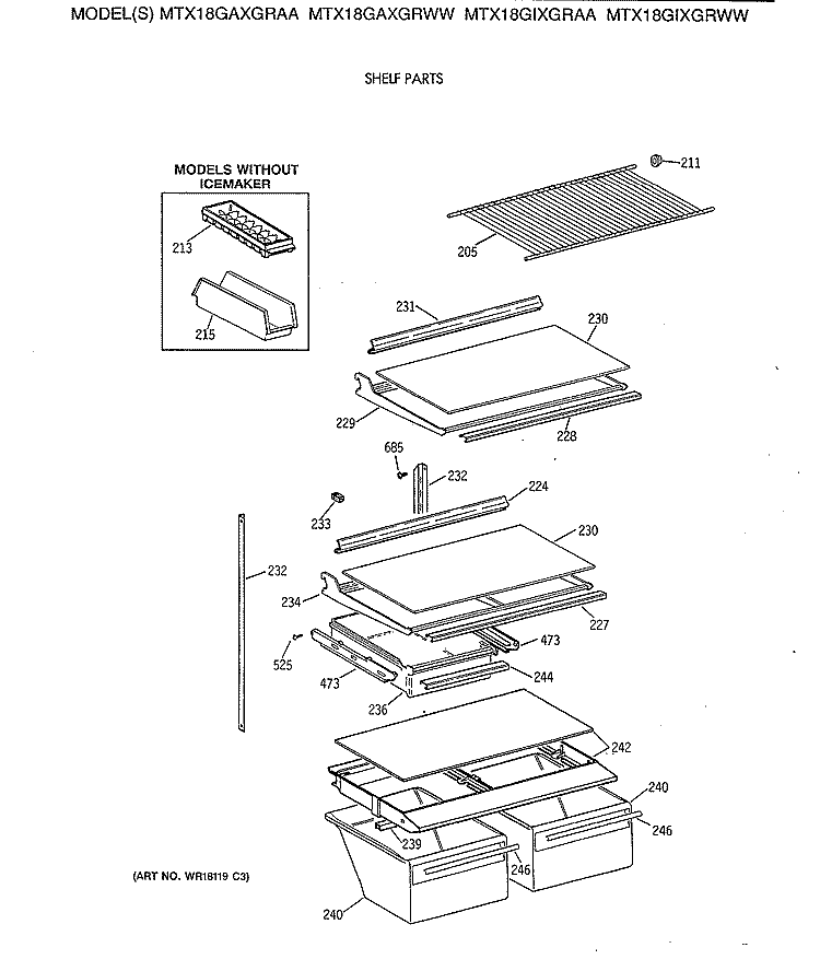 SHELF PARTS Diagram and Parts List for MTX18GAXGRAA  General Electric Refrigerator