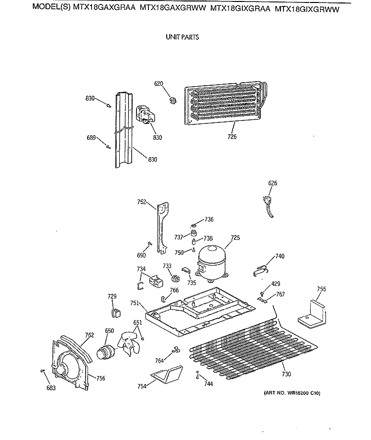 UNIT PARTS Diagram and Parts List for MTX18GAXGRAA  General Electric Refrigerator