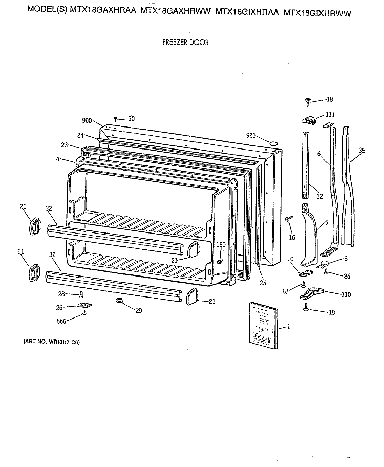 FREEZER DOOR Diagram and Parts List for MTX18GAXHRWW  General Electric Refrigerator