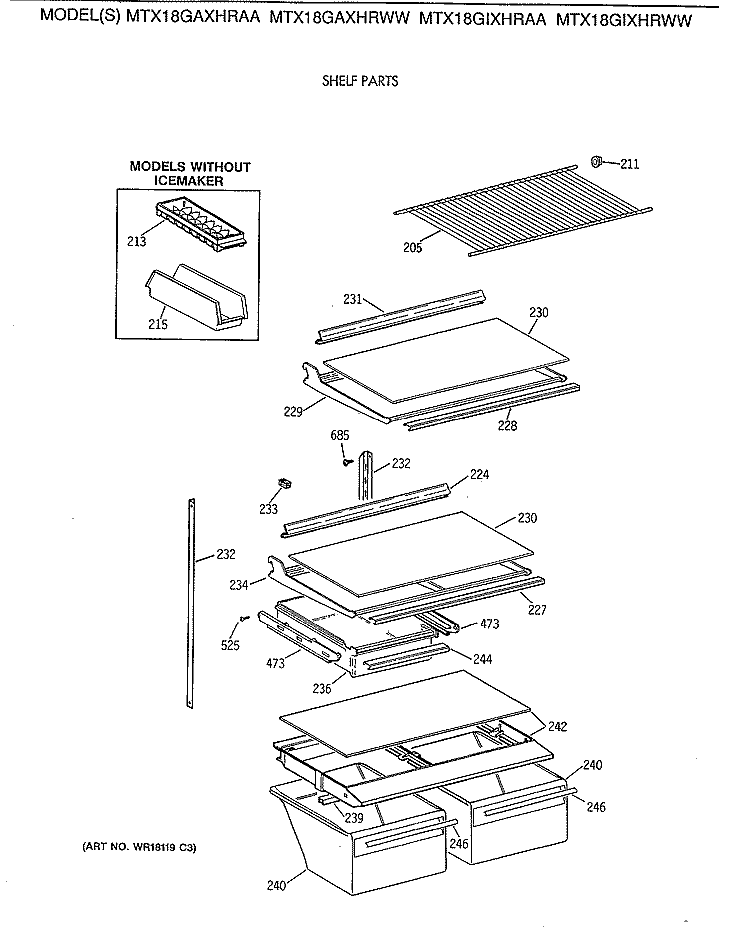 SHELF PARTS Diagram and Parts List for MTX18GAXHRWW  General Electric Refrigerator