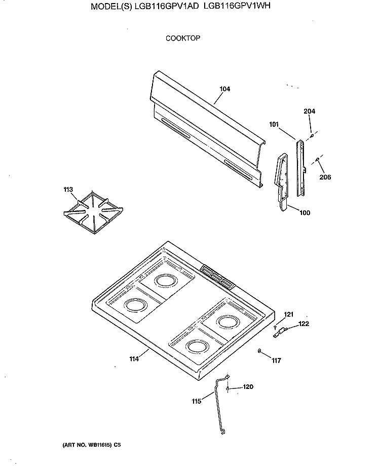COOKTOP Diagram and Parts List for LGB116GPV1AD  General Electric Range