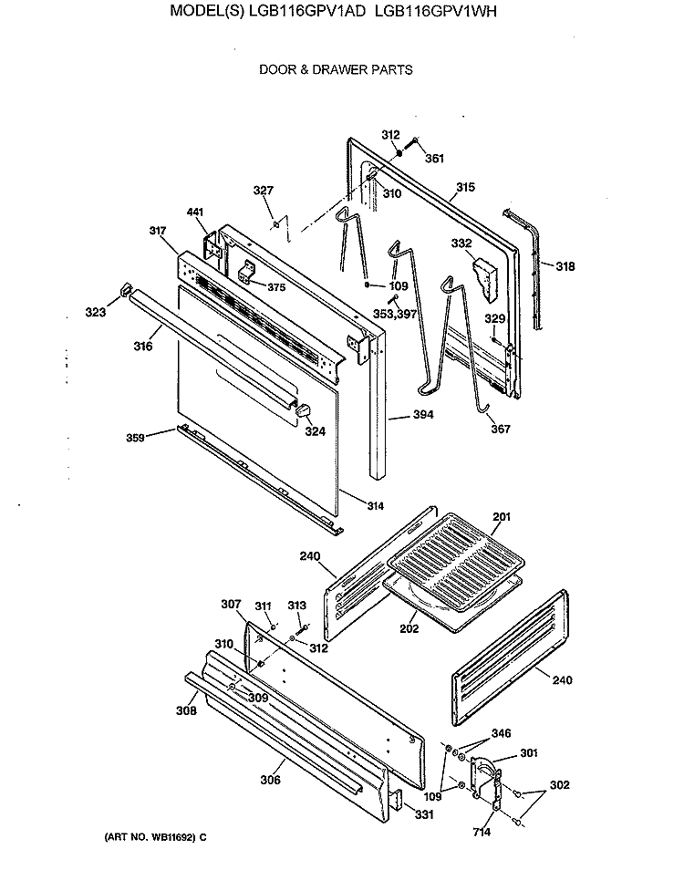 DOOR & DRAWER PARTS Diagram and Parts List for LGB116GPV1AD  General Electric Range