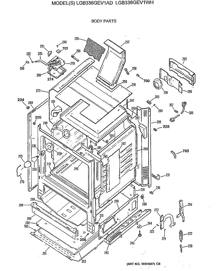 BODY PARTS Diagram and Parts List for LGB336GEV1AD  General Electric Range
