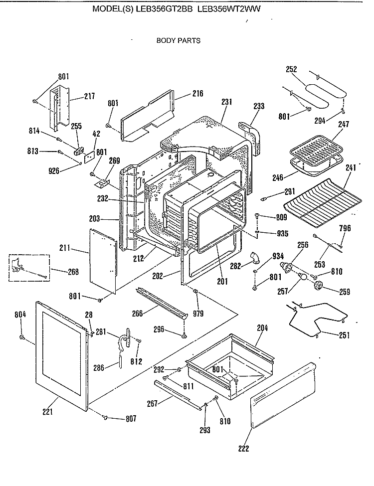BODY PARTS Diagram and Parts List for LEB356GT2BB  General Electric Range