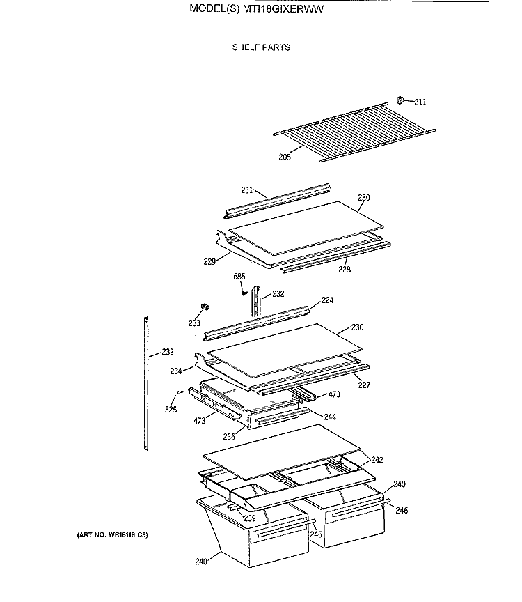 SHELF PARTS Diagram and Parts List for MTI18GIXERWW  General Electric Refrigerator