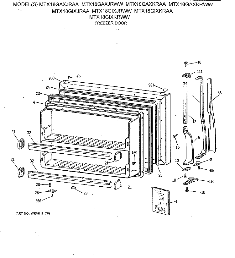 FREEZER DOOR Diagram and Parts List for MTX18GAXKRWW  General Electric Refrigerator