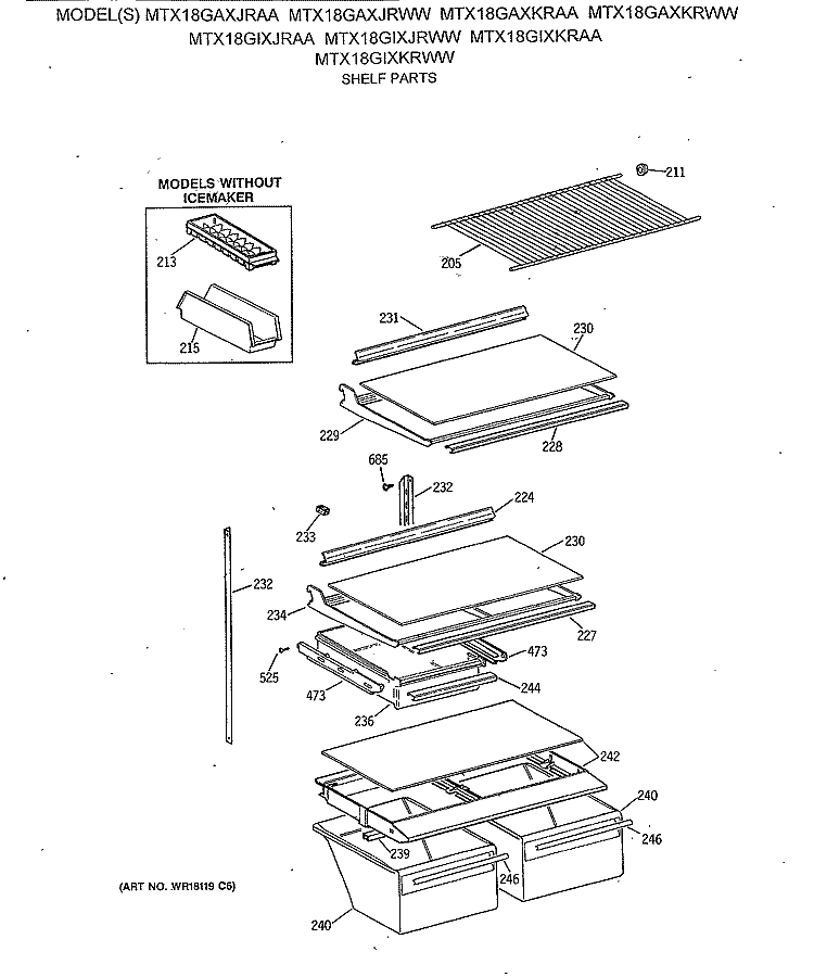 SHELF PARTS Diagram and Parts List for MTX18GAXKRWW  General Electric Refrigerator