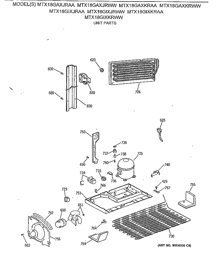 UNIT PARTS Diagram and Parts List for MTX18GAXKRWW  General Electric Refrigerator