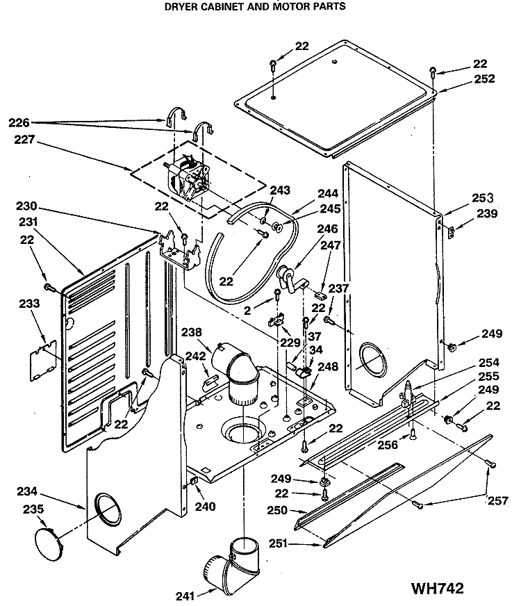 DRYER CABINET AND MOTOR PARTS Diagram and Parts List for WSM2420SAZWW  General Electric Washer Dryer Combo
