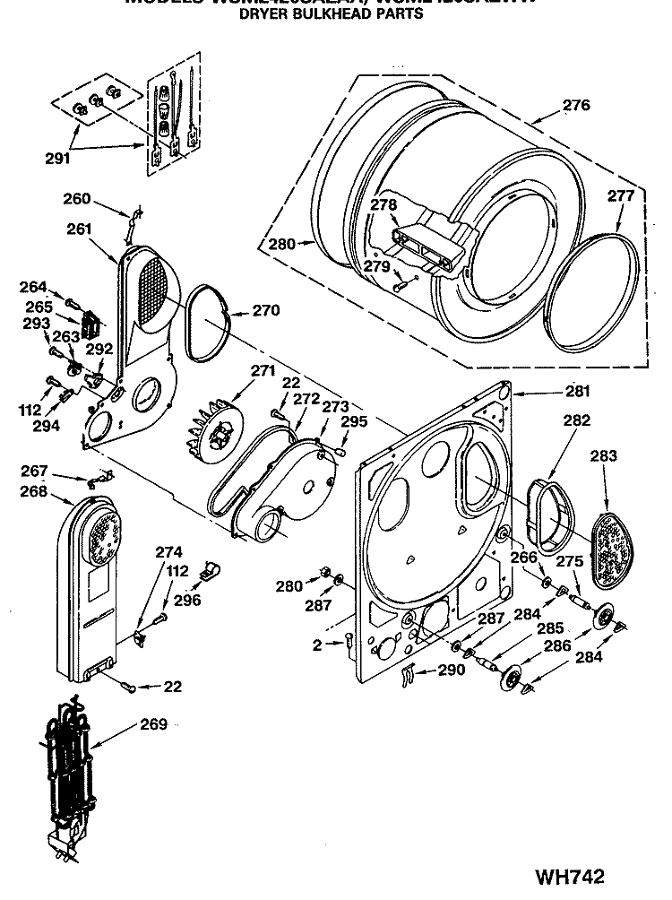 DRYER BULKHEAD PARTS Diagram and Parts List for WSM2420SAZWW  General Electric Washer Dryer Combo