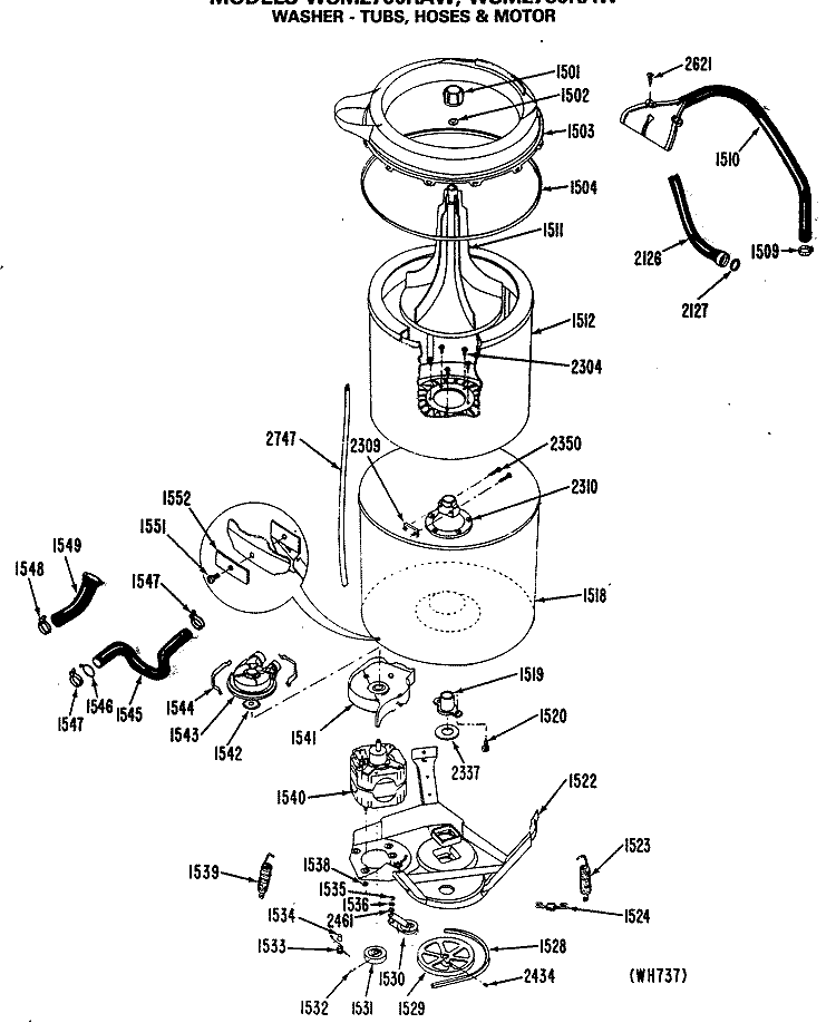 WASHER - TUBS, HOSES & MOTOR Diagram and Parts List for WSM2700RAW  General Electric Washer Dryer Combo