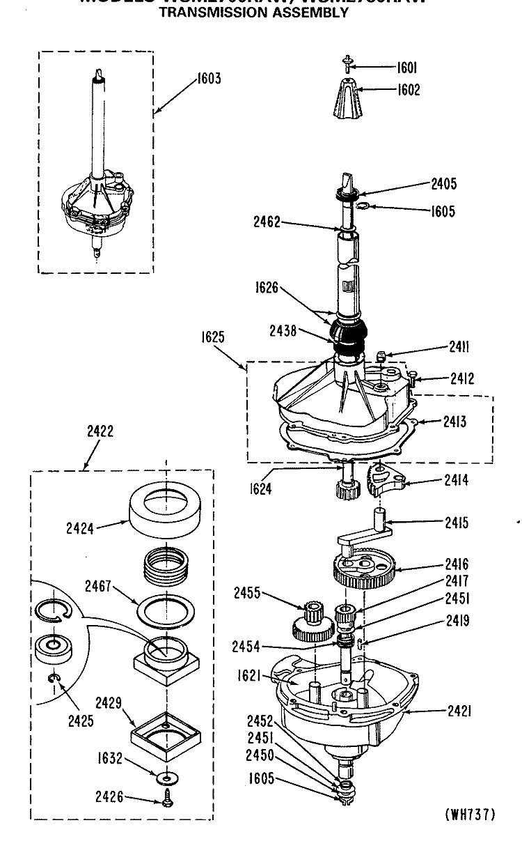 TRANSMISSION ASSEMBLY Diagram and Parts List for WSM2700RAW  General Electric Washer Dryer Combo