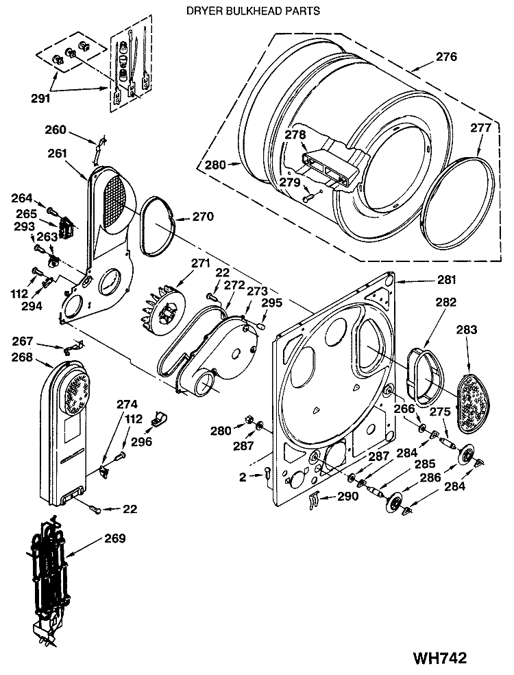 DRYER BULKHEAD PARTS Diagram and Parts List for WSM2420SBZWW  General Electric Washer Dryer Combo