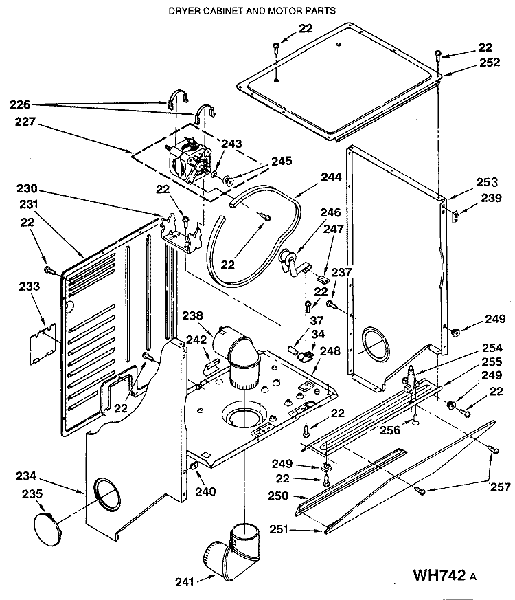 DRYER CABINET AND MOTOR PARTS Diagram and Parts List for WSM2480SBZWW  General Electric Washer Dryer Combo