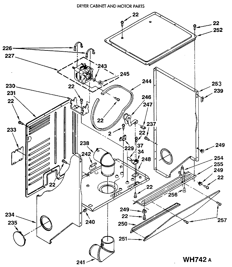 DRYER CABINET AND MOTOR PARTS Diagram and Parts List for WSM2420SCZWW  General Electric Washer Dryer Combo