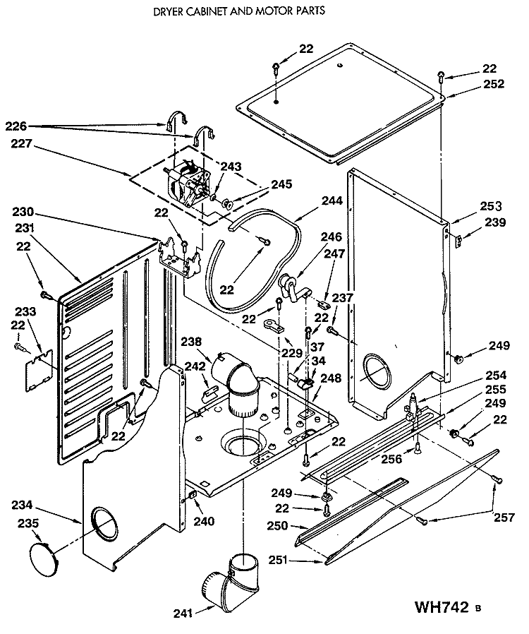 DRYER CABINET AND MOTOR PARTS Diagram and Parts List for WSM2480SEZWW  General Electric Washer Dryer Combo