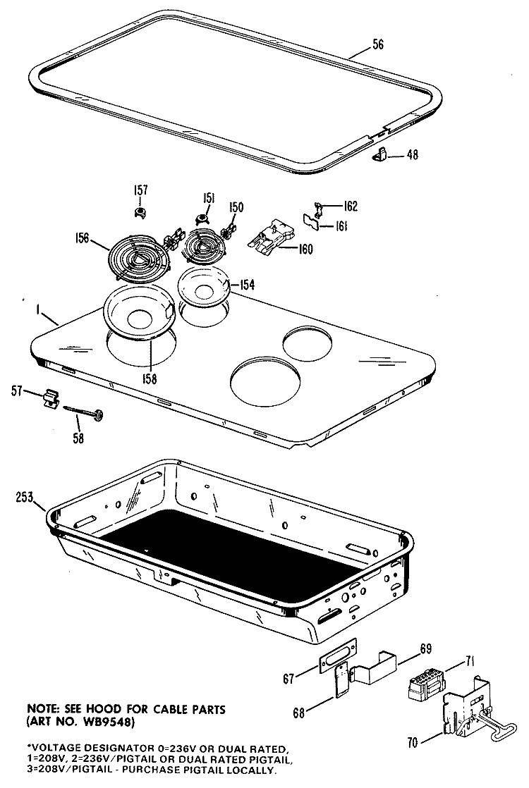 Section Diagram and Parts List for JP656B*C1  General Electric Cooktop