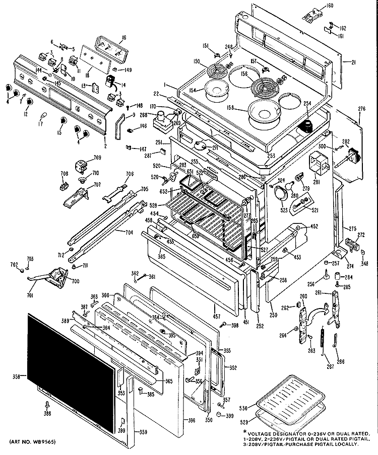 Section Diagram and Parts List for JBP24G*05  General Electric Range